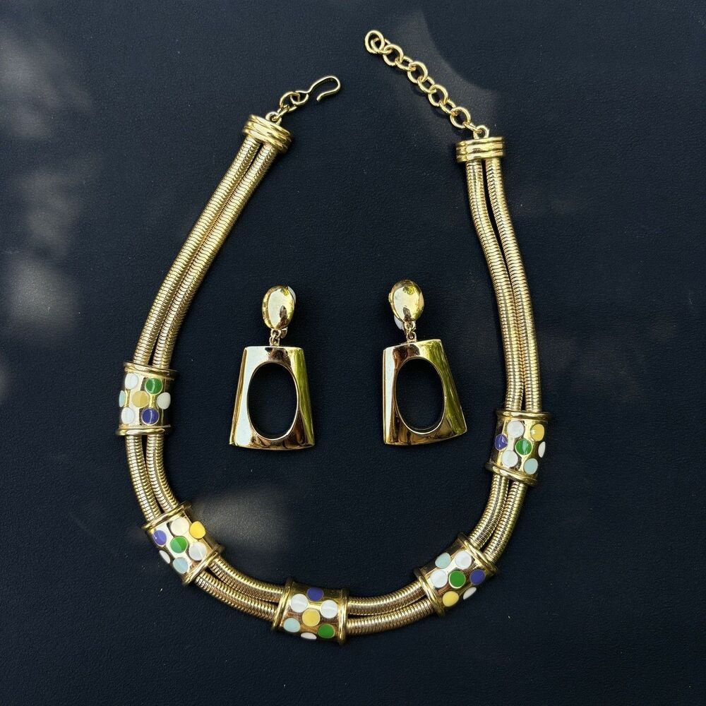 Vintage Monet Gold Tone Enamel Dot Necklace & Crown Trifari Clip Earrings